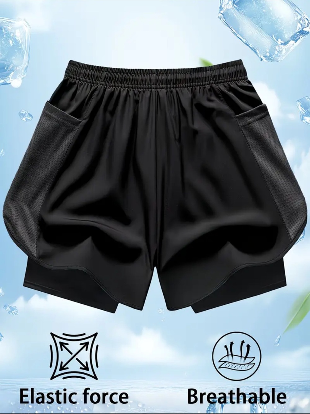 Black Dual-Layer Athletic Shorts with Side Pockets